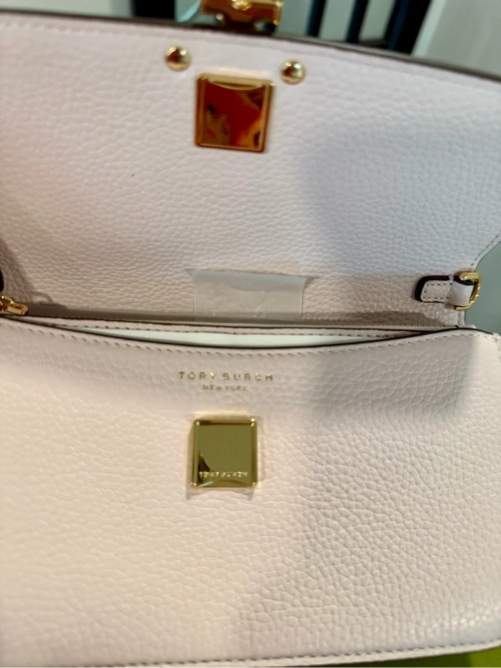 Tory Burch Blush Pebbled Leather Chain-Shoulder Crossbody with Gold Logo